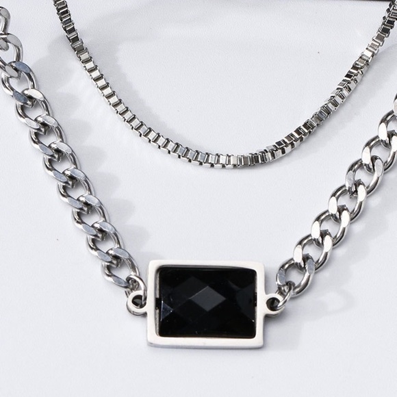 💎Black Rectangle Stone Titanium Steel Necklace Chain Double layer thick silver - Picture 2 of 10